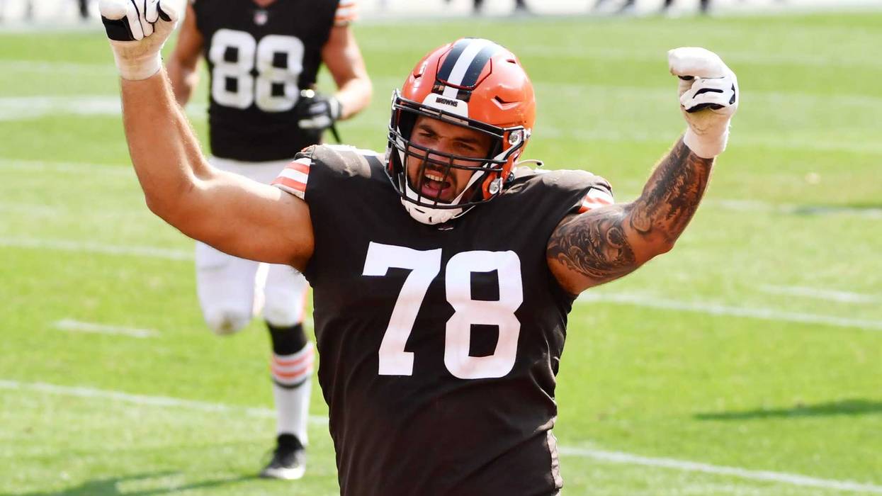 Sep 27, 2020; Cleveland, Ohio, USA; Cleveland Browns offensive tackle Jack Conklin (78) celebrates after running back Nick Chubb (not pictured) scored a touchdown during the second half against the Washington Football Team at FirstEnergy Stadium. Mandator