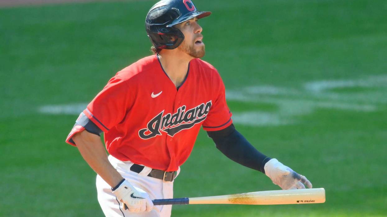 Sep 27, 2021; Cleveland, Ohio, USA; Cleveland Indians right fielder Bradley Zimmer (4) watches his solo home run in the eighth inning against the Kansas City Royals at Progressive Field.