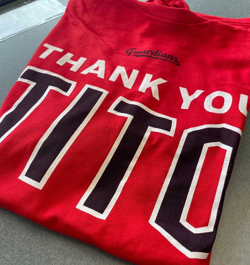 Sep 27, 2023; Cleveland, Ohio, USA; A promotional T-shirt reading "THANK YOU TITO" that will be given out to fans attending Wednesday