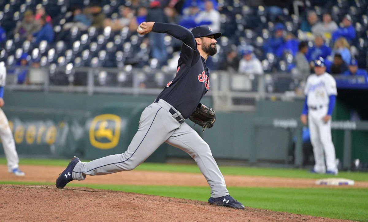 Sep 28, 2018; Kansas City, MO, USA; Cleveland Indians relief pitcher Adam Plutko (45) delivers a pitch in the ninth inning against the Kansas City Royals at Kauffman Stadium. Cleveland won 14-6. Mandatory Credit: Denny Medley-USA TODAY Sports