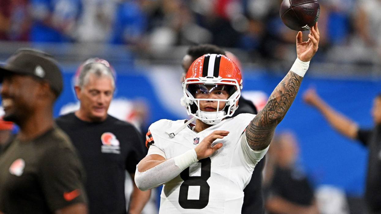Sep 28, 2025; Detroit, Michigan, USA; Cleveland Browns quarterback Dillon Gabriel (8) warms up before the game against the Detroit Lions at Ford Field.