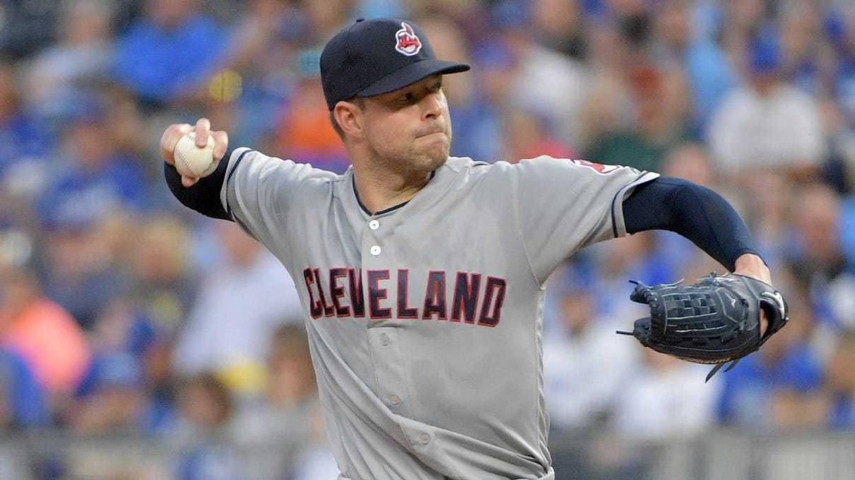 Sep 29, 2018; Kansas City, MO, USA; Cleveland Indians starting pitcher Corey Kluber (28) delivers a pitch in the first inning against the Kansas City Royals at Kauffman Stadium. Mandatory Credit: Denny Medley-USA TODAY Sports