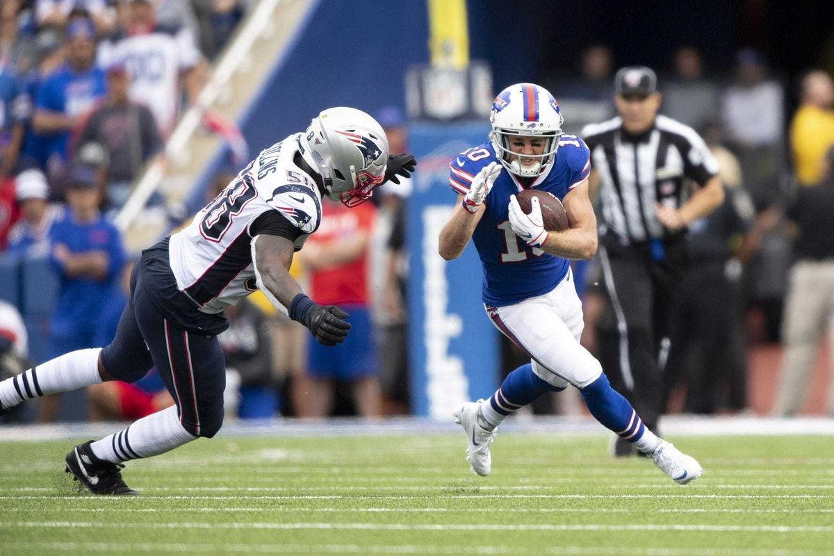 Sep 29, 2019; Orchard Park, NY, USA; Buffalo Bills wide receiver Cole Beasley (10) runs with the ball as New England Patriots outside linebacker Jamie Collins (58) defends during the fourth quarter at New Era Field. Mandatory Credit: Douglas DeFelice-USA