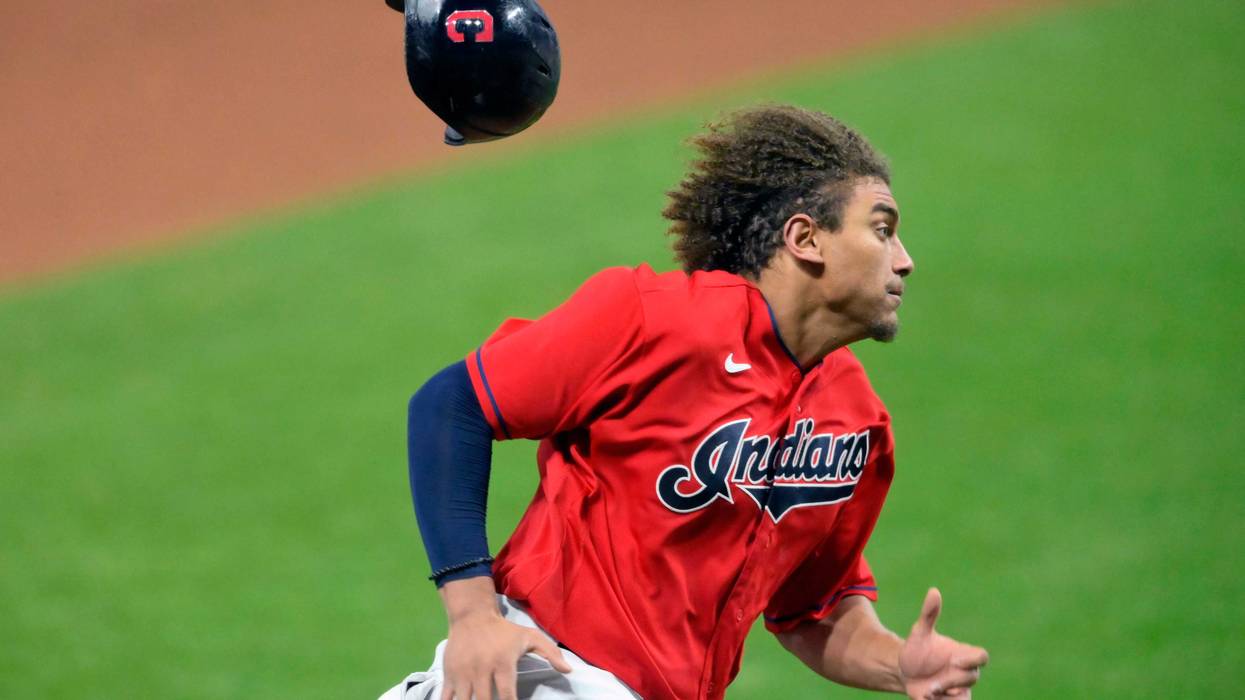 Sep 29, 2020; Cleveland, Ohio, USA; Cleveland Indians left fielder Josh Naylor (31) rounds third base while scoring against the New York Yankees in the ninth inning at Progressive Field.