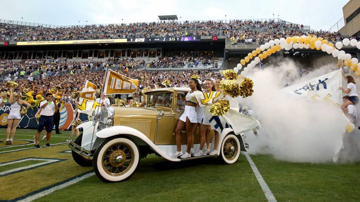 Sep 3, 2015; Atlanta, GA, USA; The Georgia Tech Yellow Jackets Ramblin' Wreck drives onto the field before the Jackets' game against the Alcorn State Braves at Bobby Dodd Stadium.