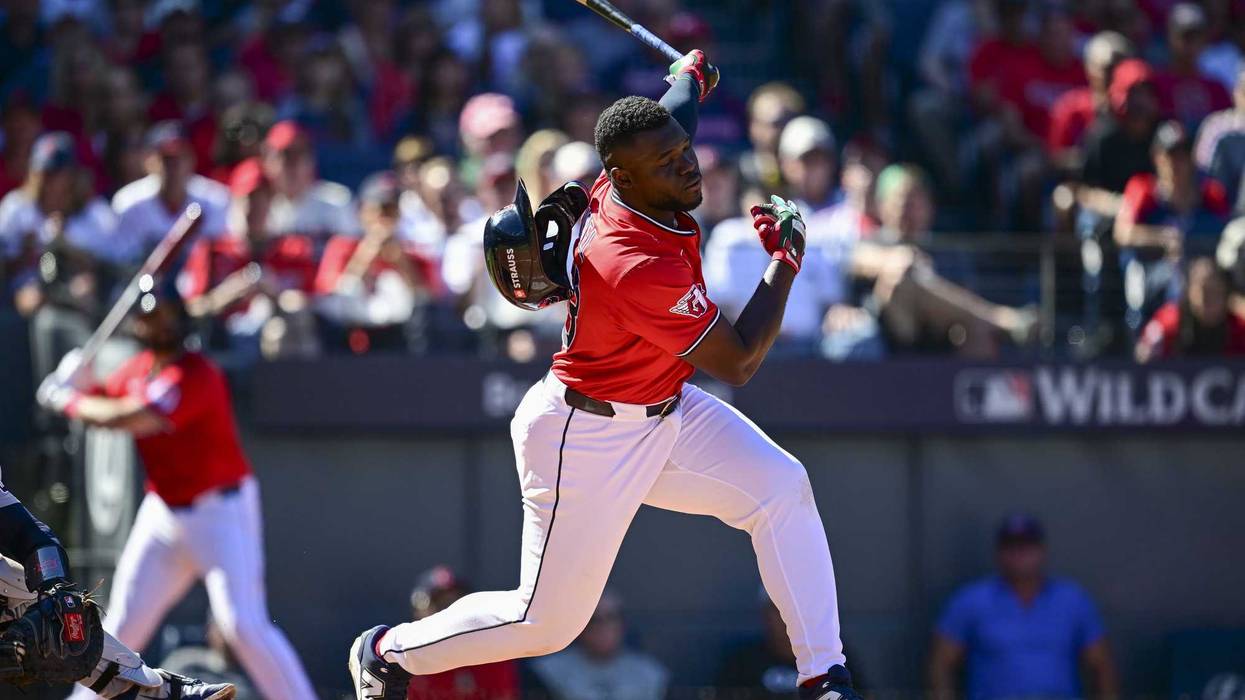 Sep 30, 2025; Cleveland, Ohio, USA; Cleveland Guardians outfielder Jhonkensy Noel (43) strikes out swinging against the Detroit Tigers in the third inning during game one of the Wildcard round for the 2025 MLB playoffs at Progressive Field.