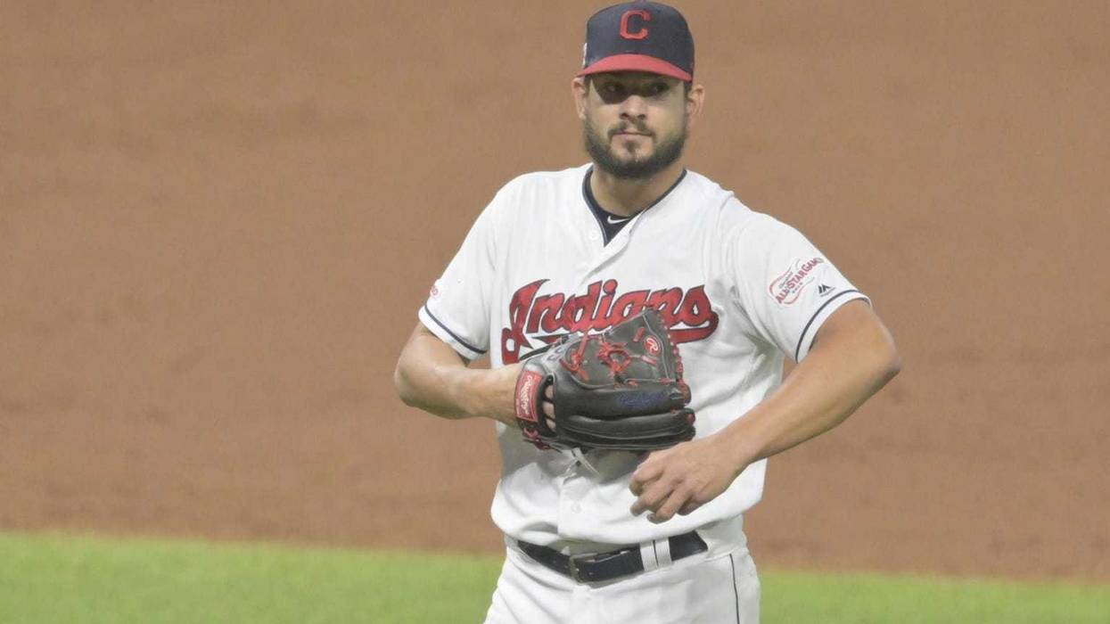 Sep 4, 2019; Cleveland, OH, USA; Cleveland Indians relief pitcher Brad Hand (33) reacts in the ninth inning against the Chicago White Sox at Progressive Field. Mandatory Credit: David Richard-USA TODAY Sports