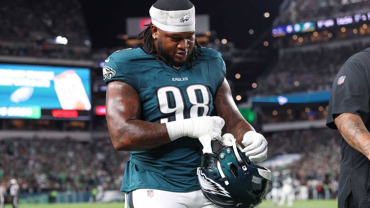 Sep 4, 2025; Philadelphia, Pennsylvania, USA; Philadelphia Eagles defensive tackle Jalen Carter (98) walks off the field after being ejected during the first quarter of the game against the Dallas Cowboys at Lincoln Financial Field. Mandatory Credit: Bill Streicher-Imagn Images