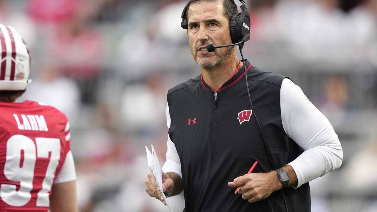 Sep 6, 2025; Madison, Wisconsin, USA; Wisconsin Badgers head coach Luke Fickell looks on during the second half against the Middle Tennessee Blue Raiders at Camp Randall Stadium. Mandatory Credit: Kayla Wolf-Imagn Images