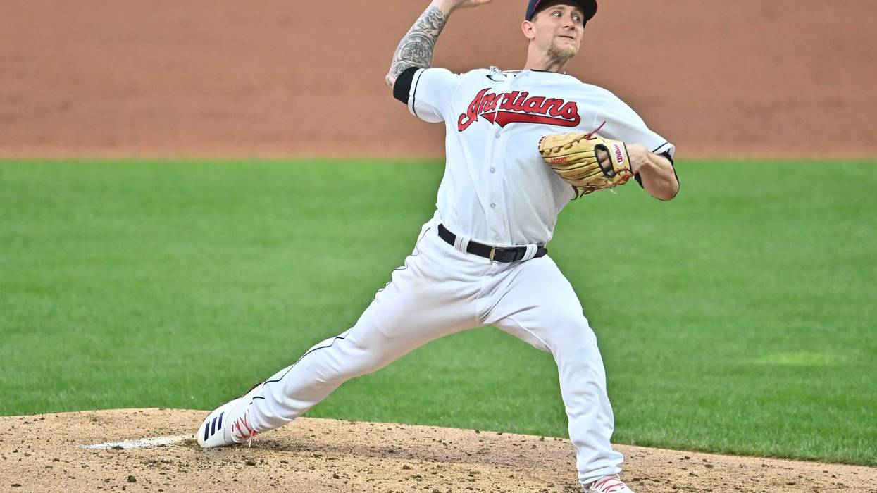 Sep 7, 2020; Cleveland, Ohio, USA; Cleveland Indians starting pitcher Zach Plesac (34) throws a pitch during the third inning against the Kansas City Royals at Progressive Field. Mandatory Credit: Ken Blaze-USA TODAY Sports