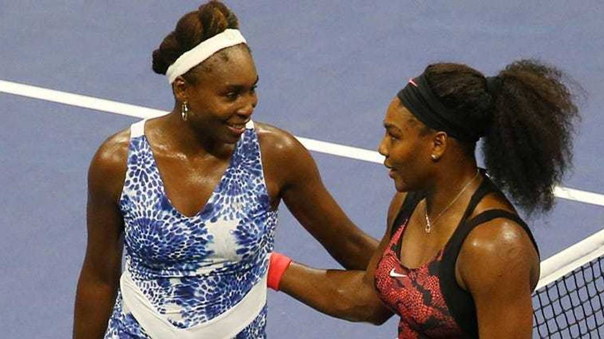 Sep 8, 2015; New York, NY, USA; Venus Williams of the United States (left) greets sister Serena Williams of the United States after their match on day nine of the 2015 U.S. Open tennis tournament at USTA Billie Jean King National Tennis Center. Mandatory