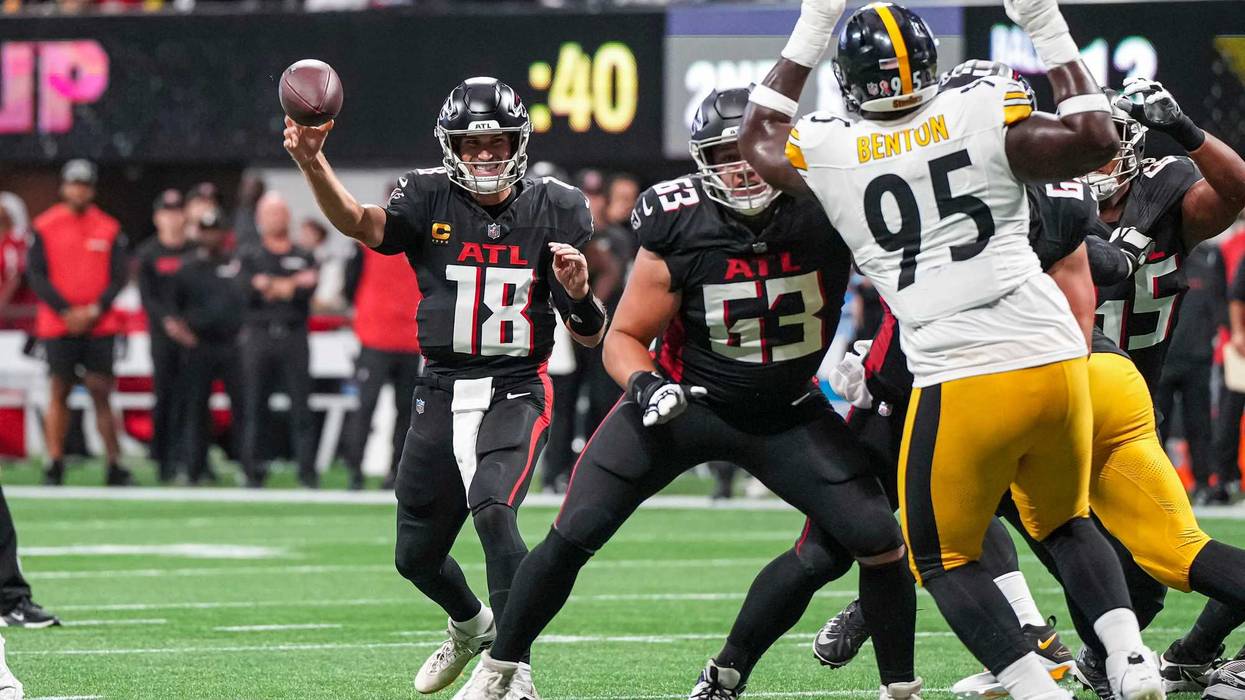 Sep 8, 2024; Atlanta, Georgia, USA; Atlanta Falcons quarterback Kirk Cousins (18) passes against the Pittsburgh Steelers at Mercedes-Benz Stadium. Mandatory Credit: Dale Zanine-Imagn Images