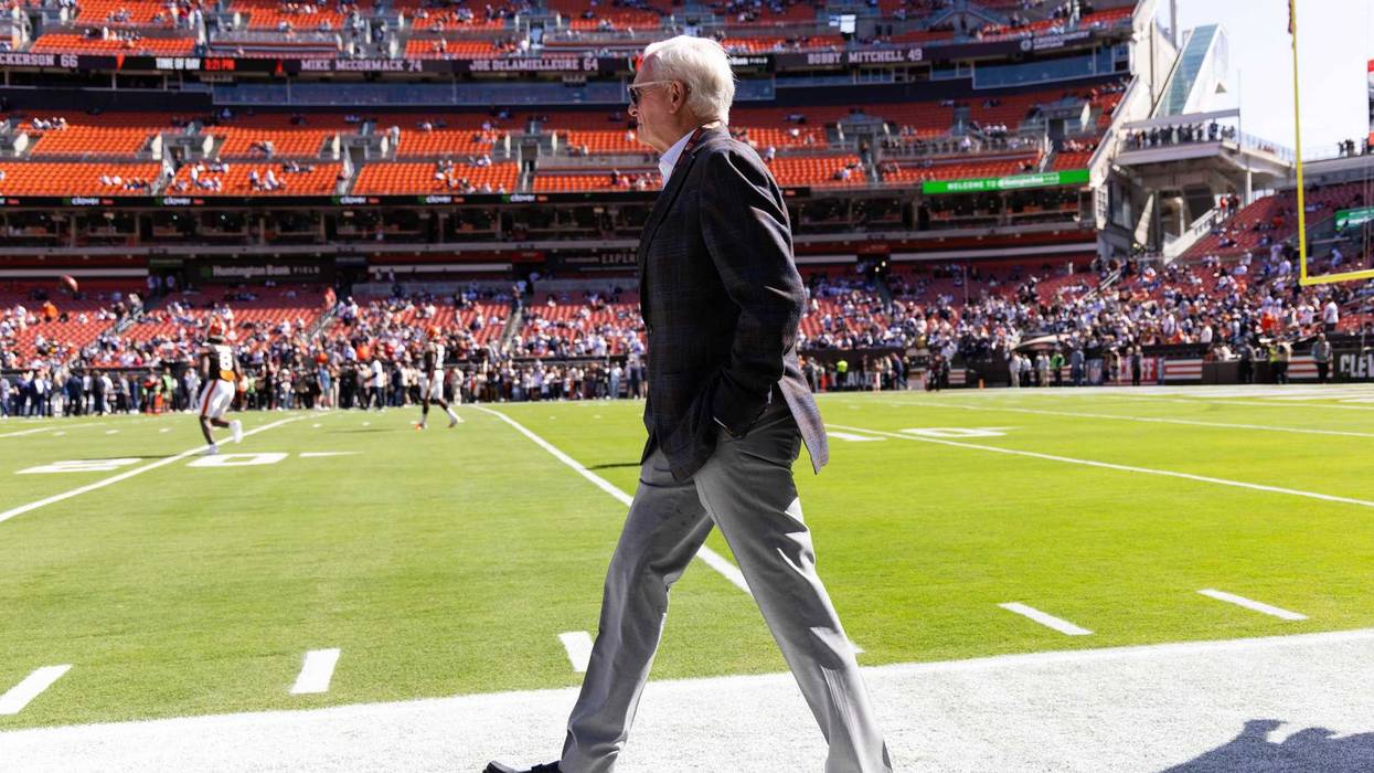 Sep 8, 2024; Cleveland, Ohio, USA; Cleveland Browns managing and principal partner Jimmy Haslam walks on to the field before the game against the Dallas Cowboys at Huntington Bank Field. Mandatory Credit: Scott Galvin-Imagn Images