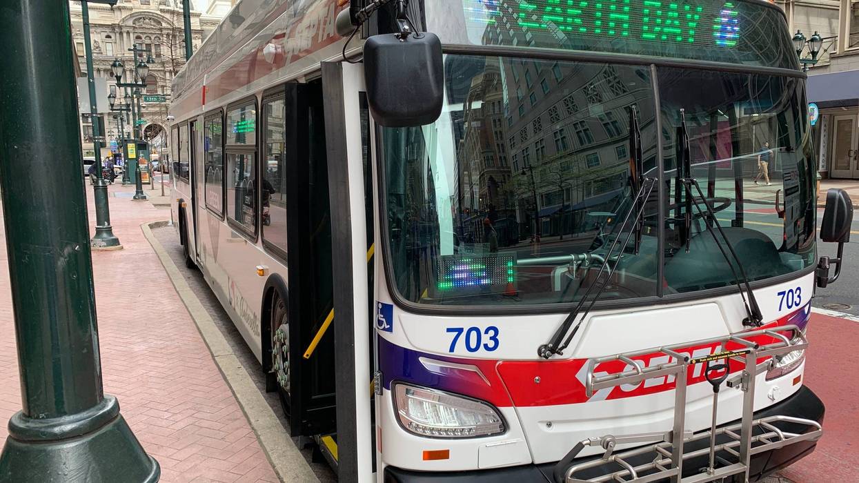 SEPTA bus with Earth Day sign on Monday, April 21, 2025.