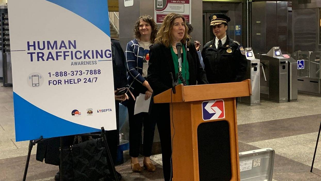 SEPTA General Manager Leslie Richards (center), Philadelphia Police Commissioner Danielle Outlaw (right) and the Salvation Army's Heather LaRocca (left) discuss the transit agency's human trafficking awareness initiatives at Frankford Transportation Center on Tuesday.