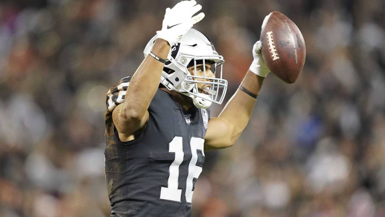 September 9, 2019; Oakland, CA, USA; Oakland Raiders wide receiver Tyrell Williams (16) celebrates after making a catch against the Denver Broncos during the second quarter at Oakland Coliseum. Mandatory Credit: Kyle Terada-USA TODAY Sports