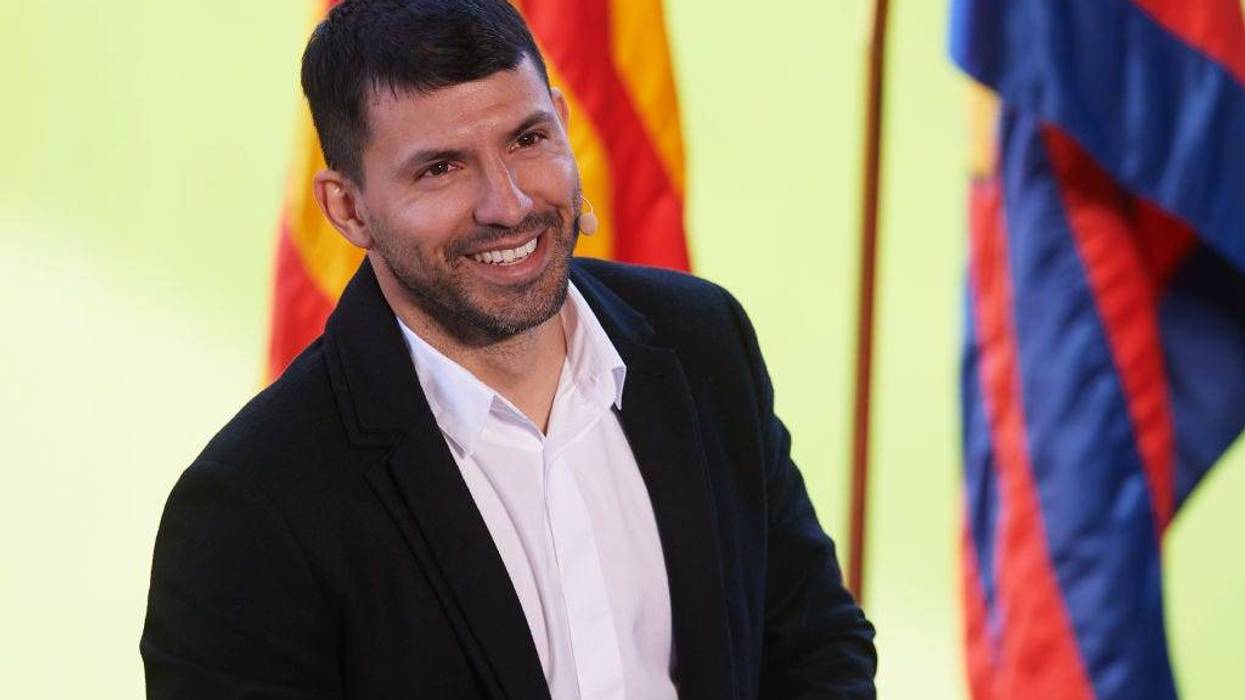 Sergio 'Kun' Aguero of FC Barcelona reacts during a press conference to announce his retirement from football at Camp Nou on December 15, 2021 in Barcelona, Spain.