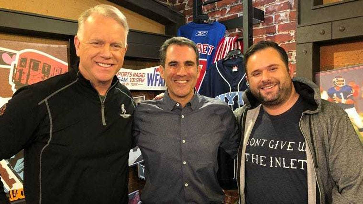 Seth Davis (center) poses with WFAN's Boomer Esiason (left) and Gregg Giannotti.