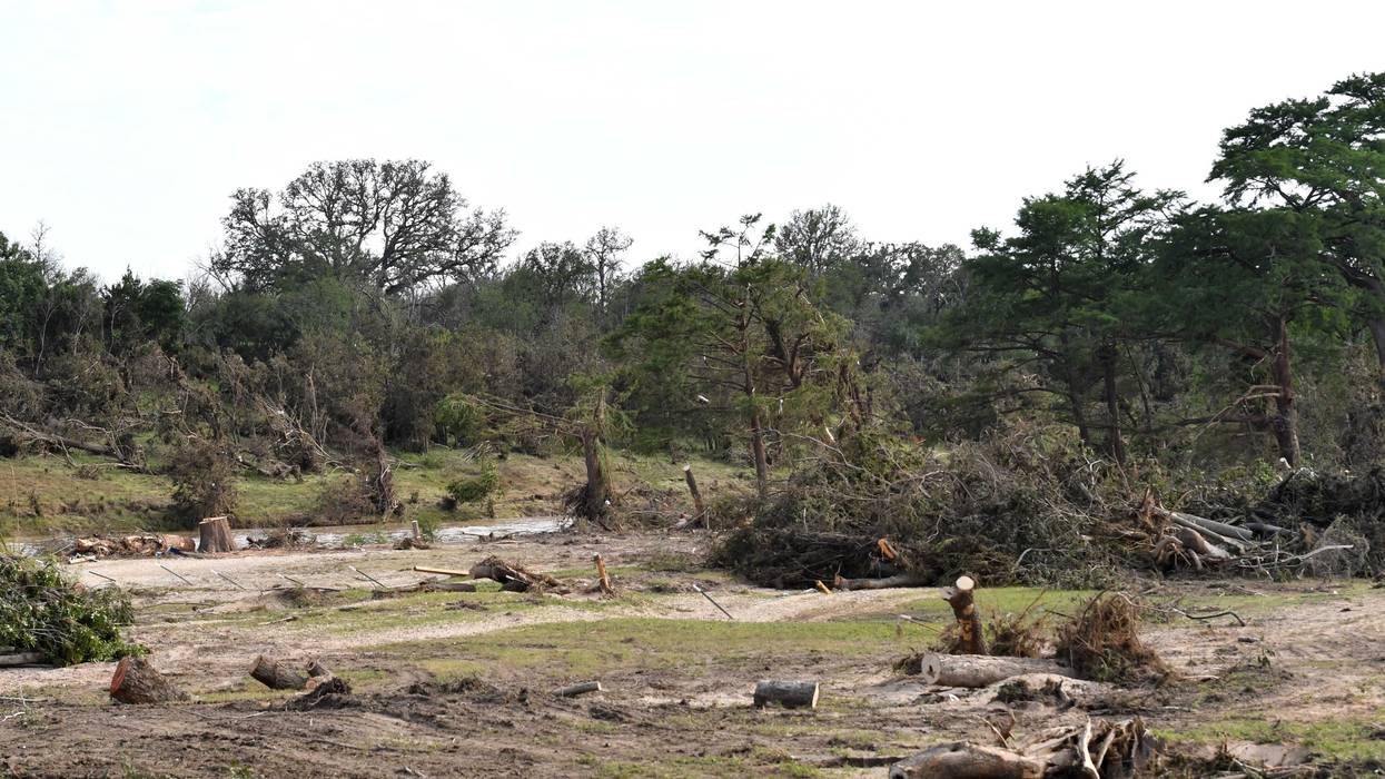 Several trees are cut down inside the Guadalupe Keys RV Resort, in Center Point, Texas on July 7, 2025 after catastrophic flooding of the Guadalupe River last week.