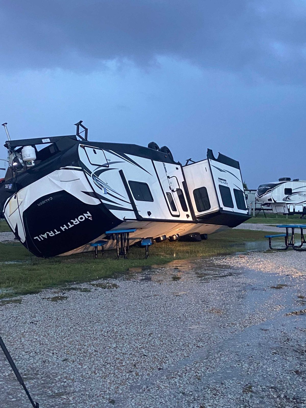 Severe storms that swept through North Texas overnight left behind major damage in Sanger, where overturned RVs and a battered distribution center marked the storm’s path.