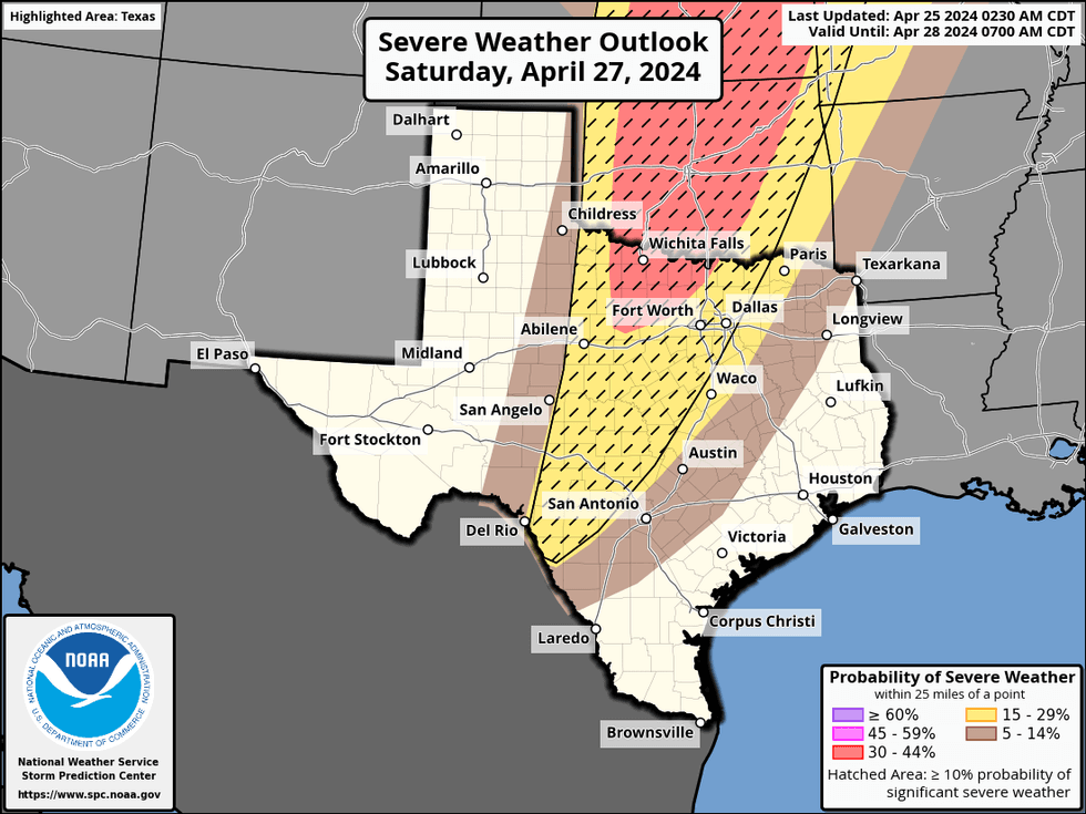 Severe weather outlook for Saturday, April 27, 2024.