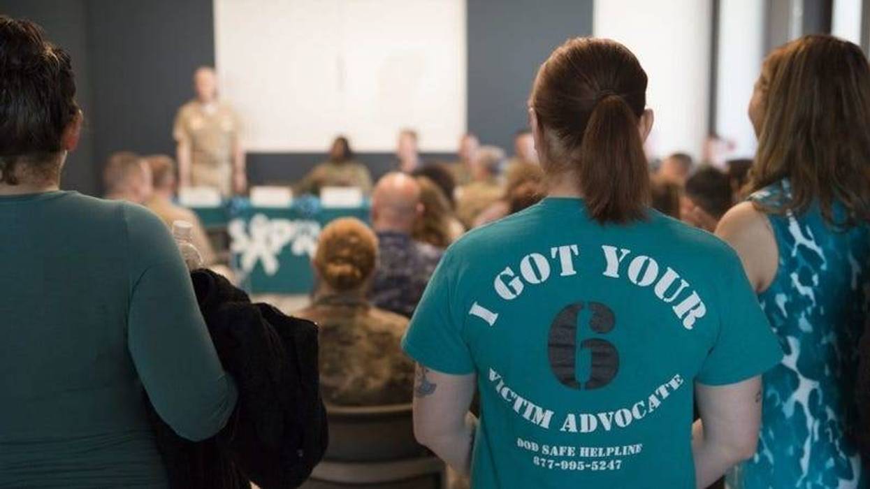 Sexual Assault Prevention and Response (SAPR) Advocates wear teal to show solidarity during the Sexual Assault Awareness and Prevention Month proclamation ceremony at USO Warrior and Family Center Bethesda April 3, 2019.