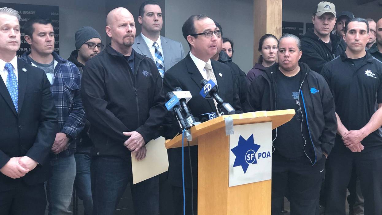 SF POA president Tony Montoya at the mic during the presser about the Jamaica Hampton case