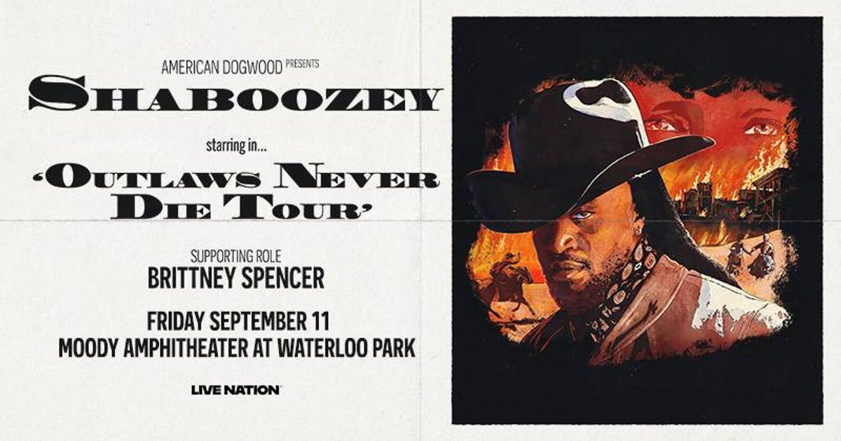 Shaboozey "Outlaws Never Die Tour" concert poster with a dramatic Western illustration & event info.