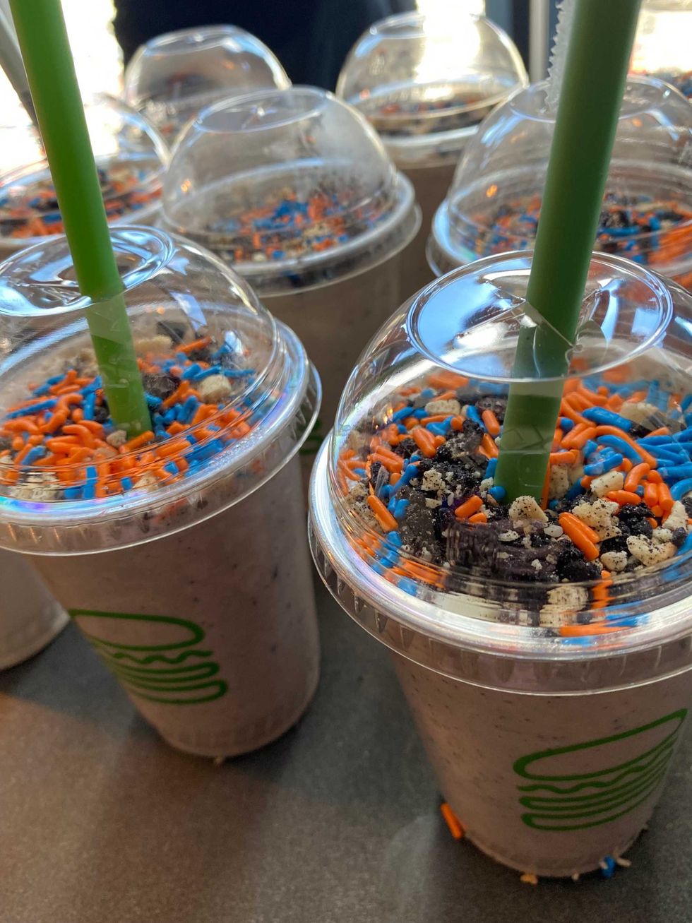 Shake Shake is returning this season. Here is its Mets MVP Shake, consisting of vanilla custard blended with chocolate and chocolate chip cookies, topped with cookie crumbs and sprinkles.