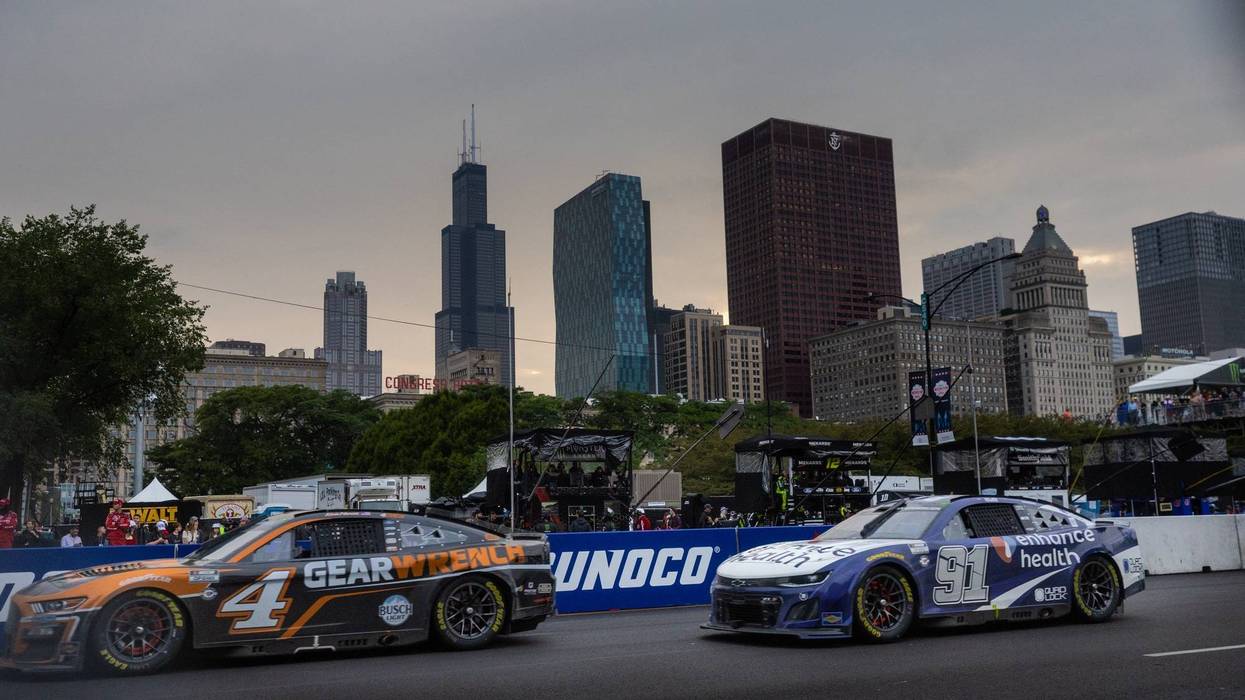 Shane van Gisbergen and Kevin Harvick compete during the NASCAR Chicago Street Race in Grant Park in Chicago, on July 2, 2023.