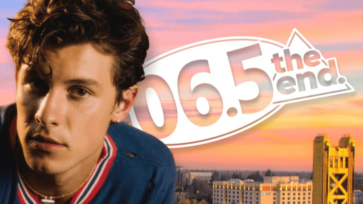 Shawn Mendes in front of 106.5 The End logo and Sacramento skyline