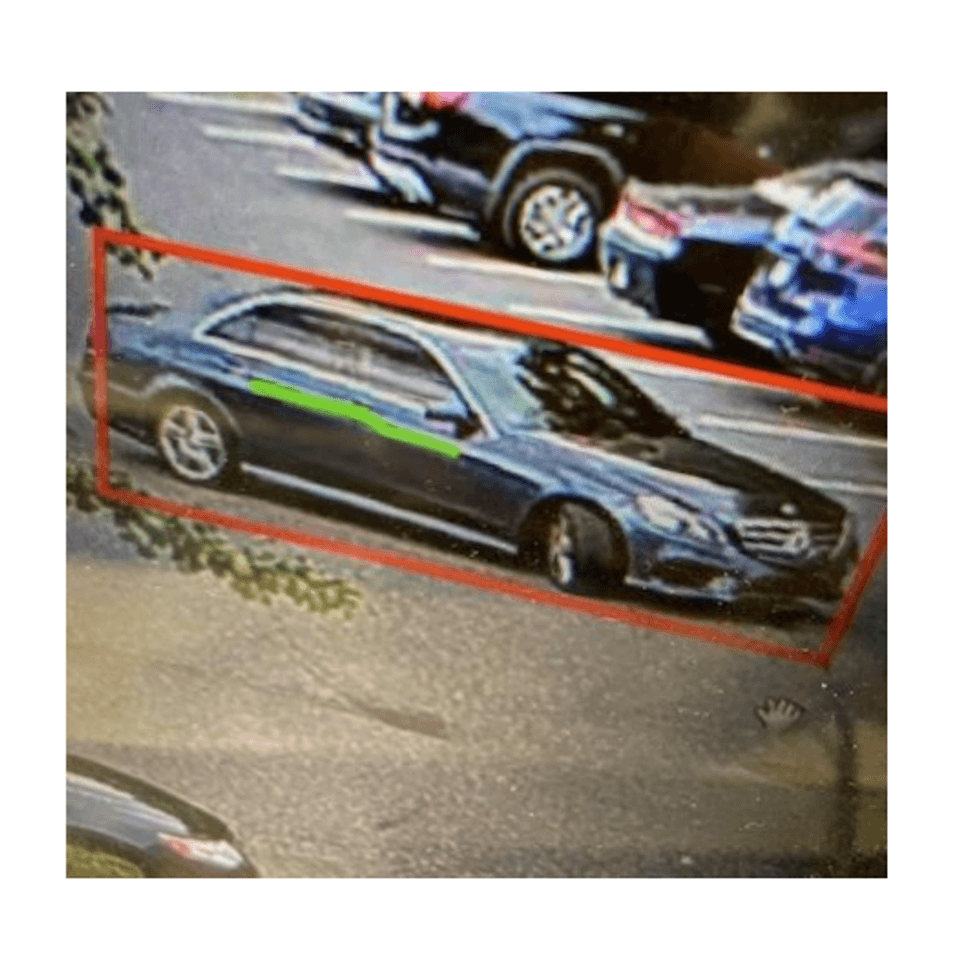 She fled in a black Mercedes sedan.