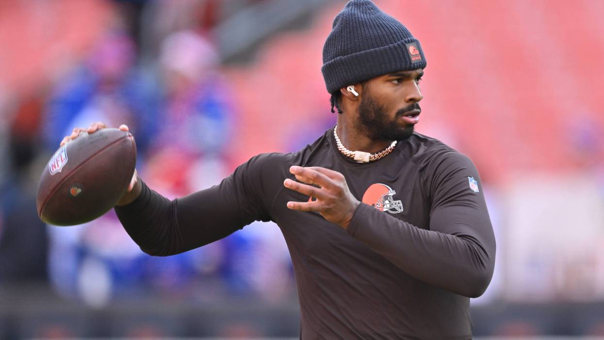 Shedeur Sanders #12 of the Cleveland Browns warms up prior to the game against the Buffalo Bills at Huntington Bank Field on December 21, 2025 in Cleveland, Ohio.