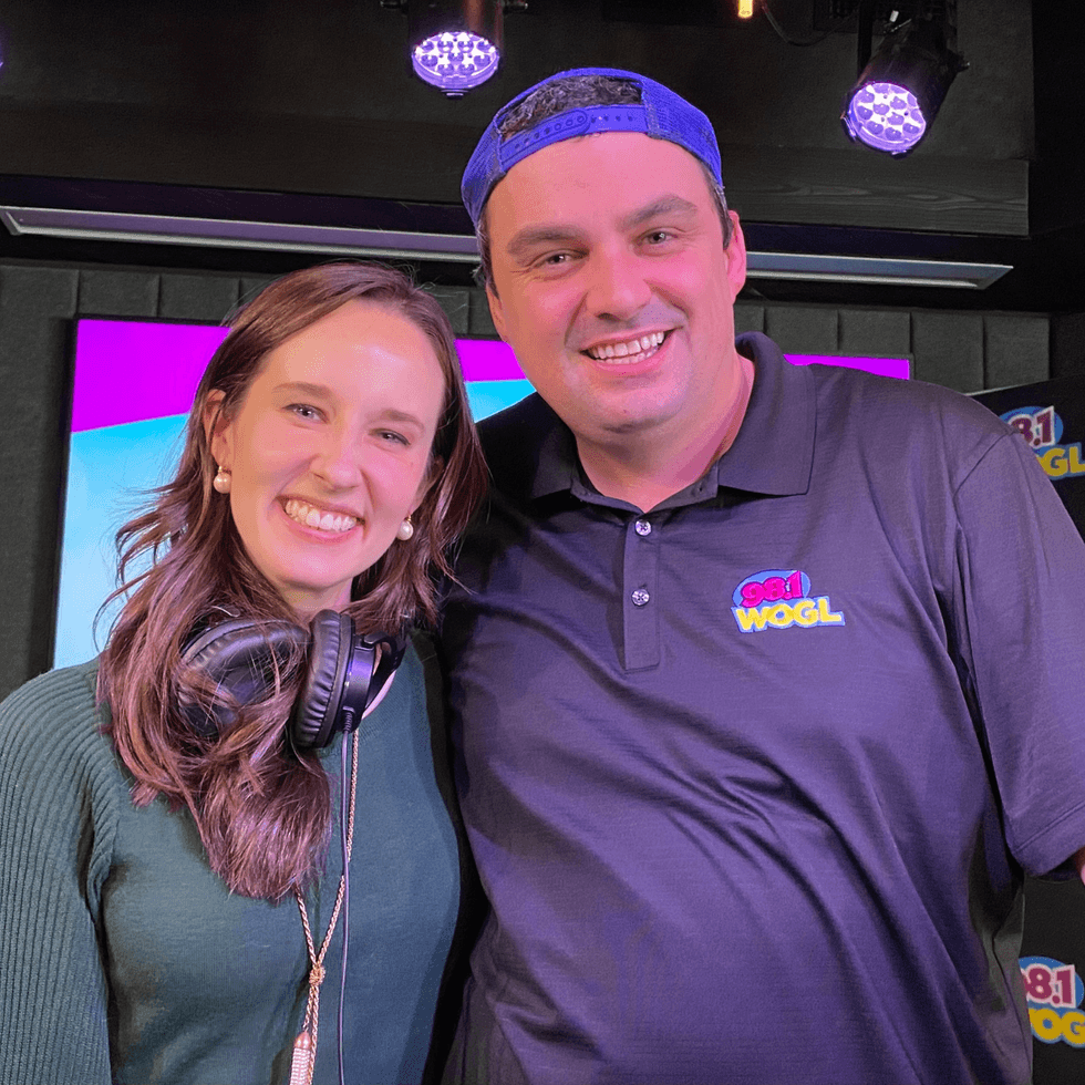 Sheila Watko with Coop at the 2021 98.1 WOGL Loves our Kids Radiothon presented by Fulton Bank