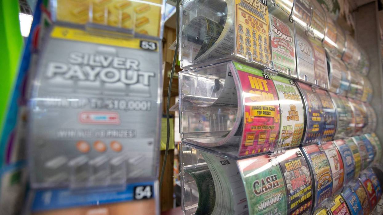 Shelves of scratch-off tickets sit at a store in Bloomington, Indiana.