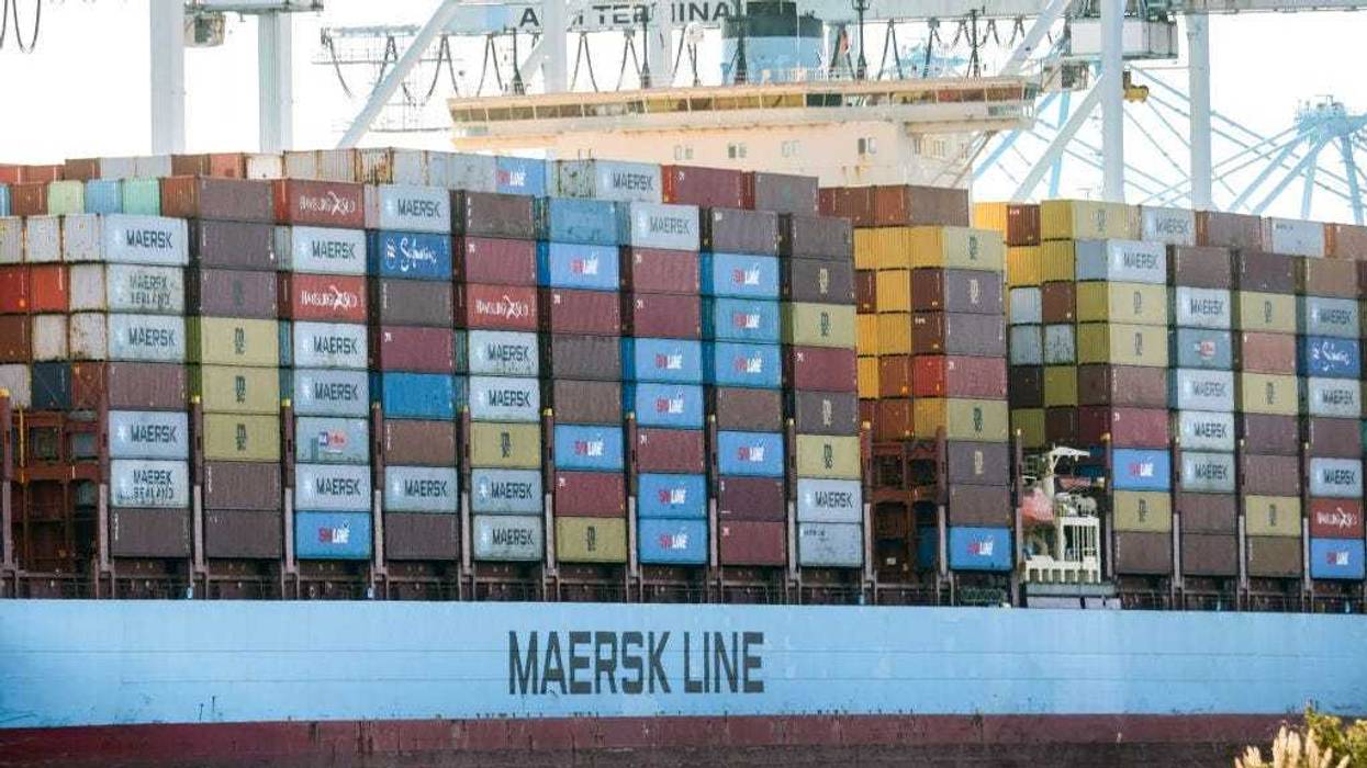Shipping containers sit aboard a Maersk container ship at the Port of Los Angeles on February 9, 2022 in San Pedro, California.