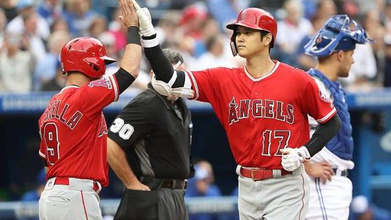 Shohei Ohtani of the Angels celebrates a home run against the Blue Jays.