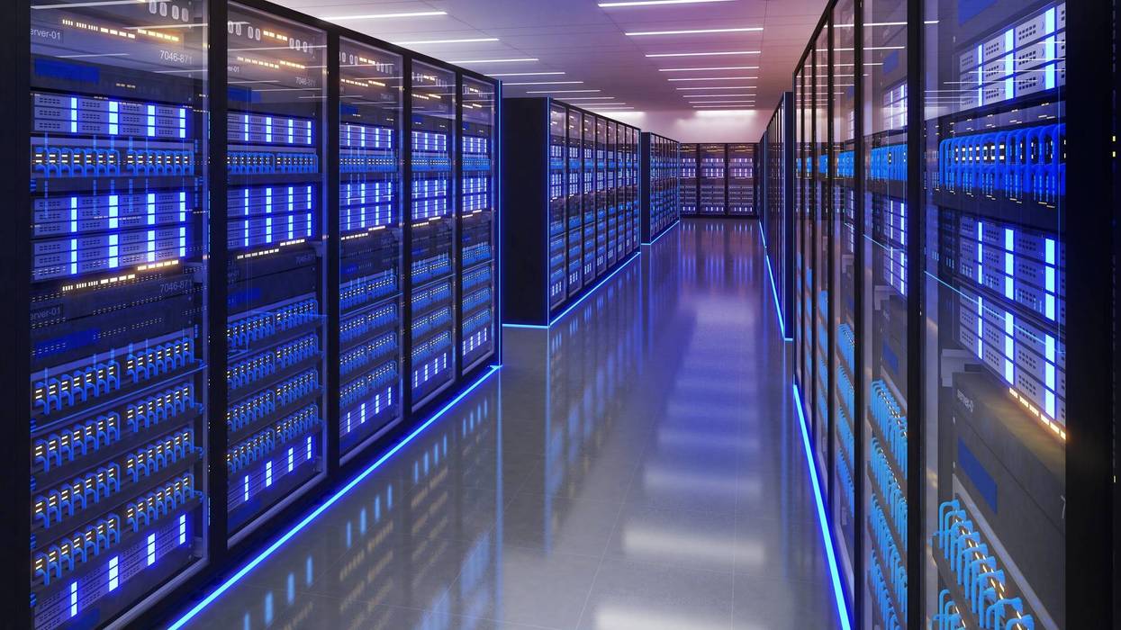 Shot of Data Center With Multiple Rows of Fully Operational Server Racks. Modern Telecommunications, Artificial Intelligence,server room,3d rendering - stock photo
