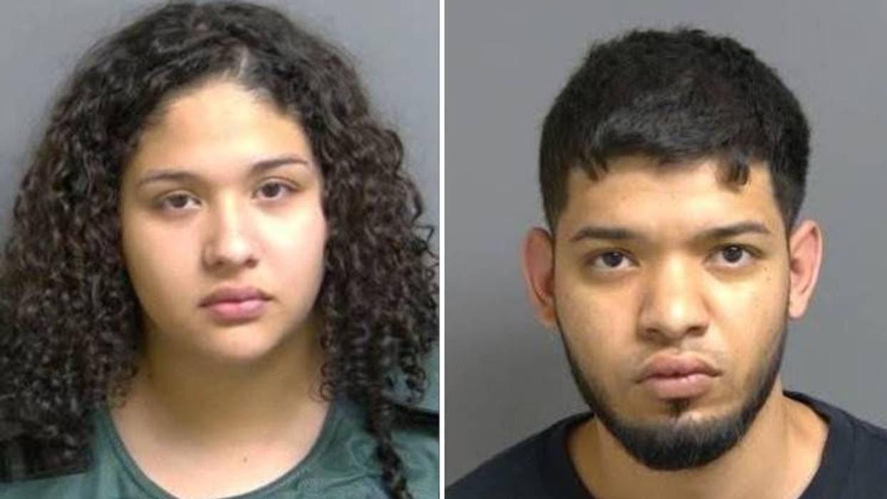 Side-by-side mugshots of a young woman with curly hair and a young man with a beard.