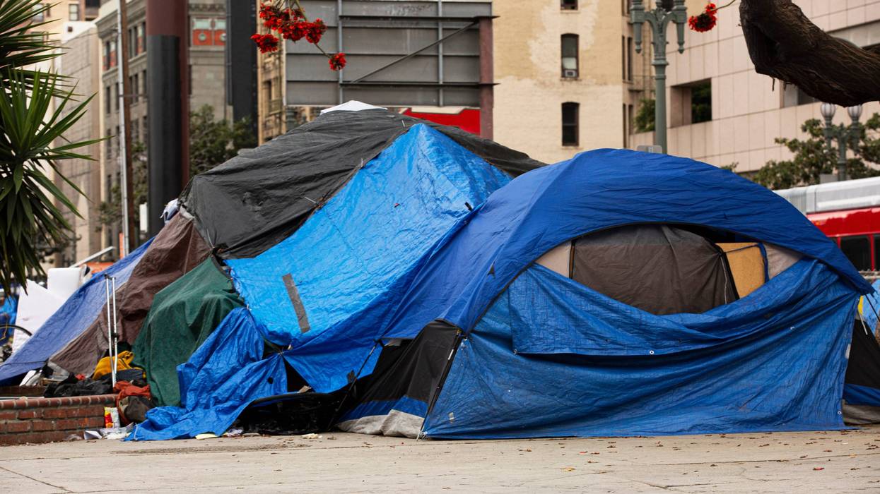 Sidewalk view of homeless encampment in Downtown Los Angeles, California