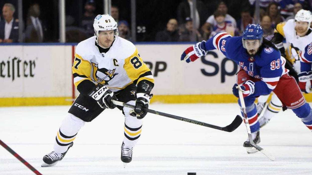 Sidney Crosby #87 of the Pittsburgh Penguins skates against the New York Rangers in Game Five of the First Round of the 2022 Stanley Cup Playoffs at Madison Square Garden