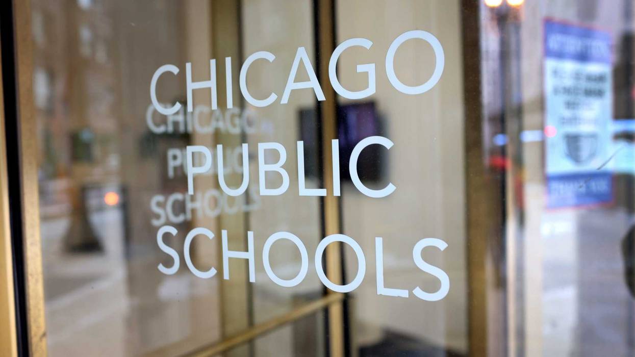 sign is displayed on the front of the headquarters for Chicago Public Schools