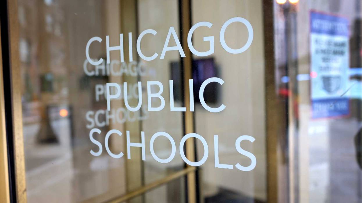 sign is displayed on the front of the headquarters for Chicago Public Schools