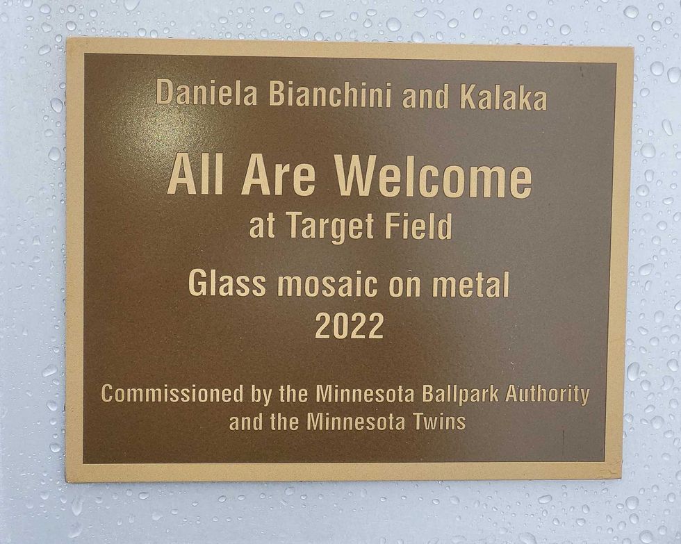 Sign of the mural "All are welcome" at Target Field in Minneapolis