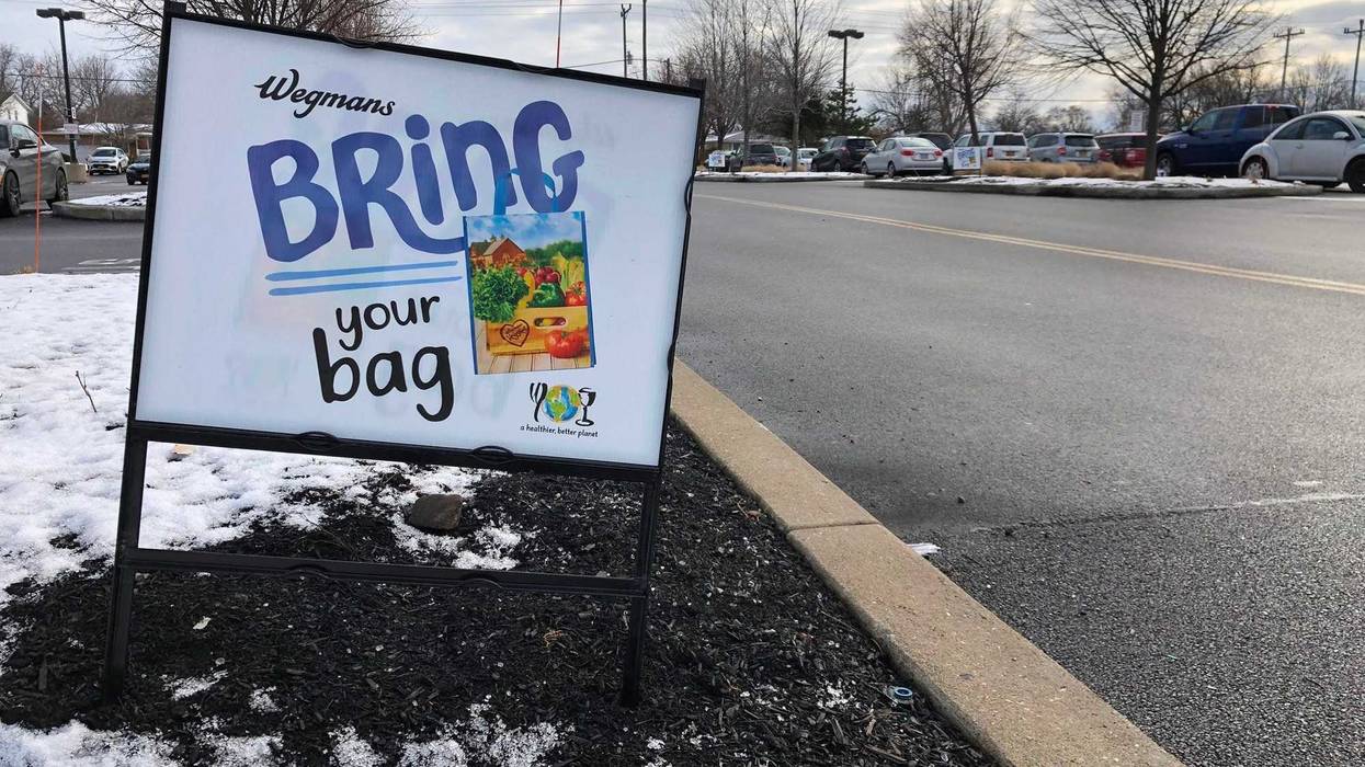 Sign outside Wegmans on Alberta Drive reminding customers to bring reusable bags. January 6, 2020 (WBEN Photo/Mike Baggerman)