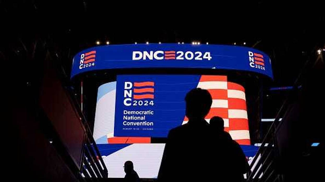 Signage is displayed during a walkthrough of the Democratic National Convention at the United Center in Chicago, IL