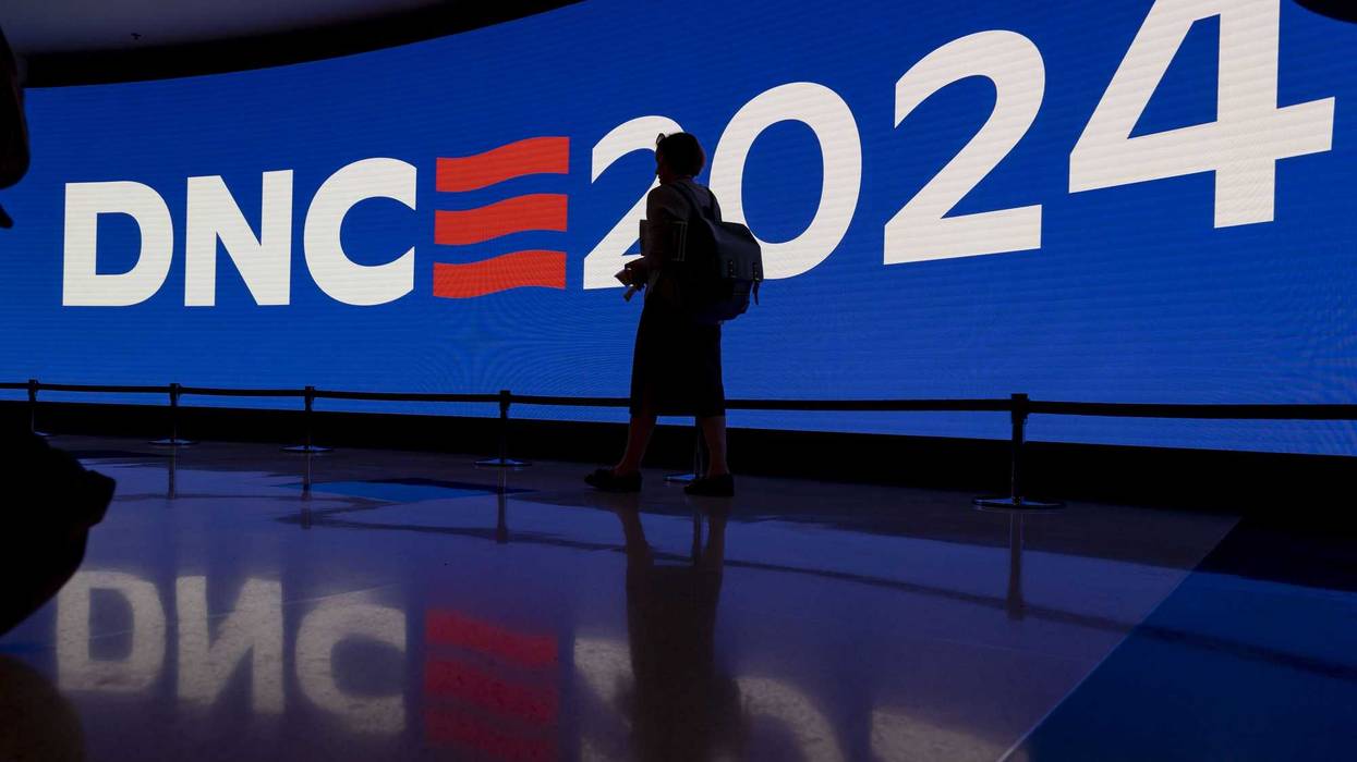 Signage is displayed during a walkthrough of the Democratic National Convention on May 22, 2024, at the United Center.