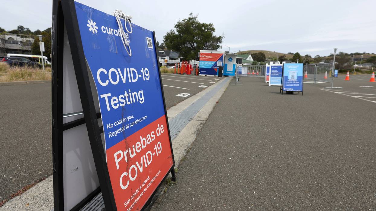 Signage is posted at a Curative COVID-19 test facility at the Larkspur Ferry terminal on May 05, 2022 in Larkspur, California.
