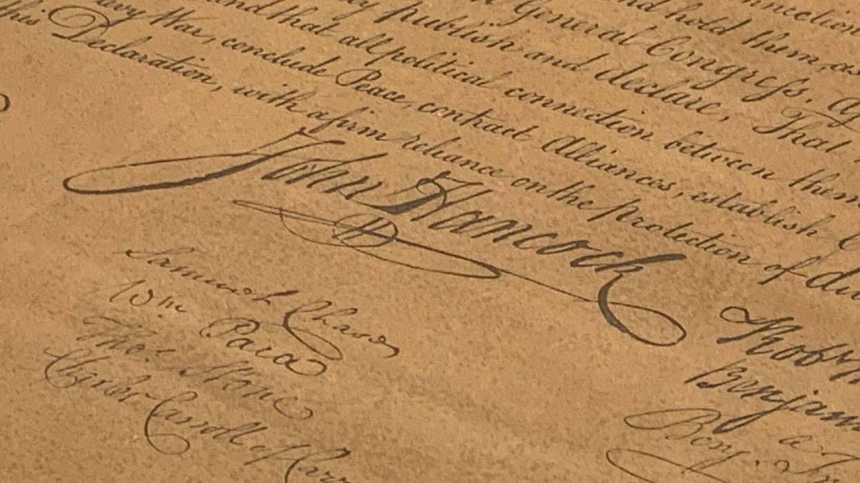 Signatures on an authentic copy of the Declaration of Independence.