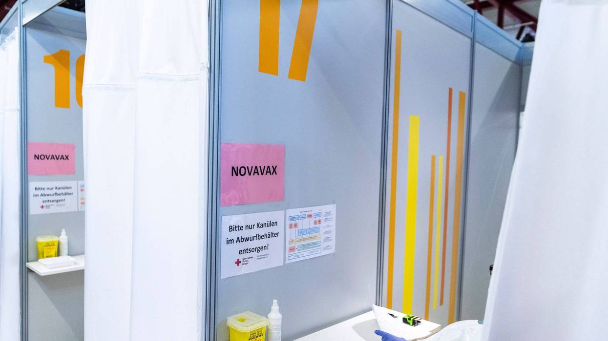 Signs with the with the name NOVAVAX a fixed at vaccination cabins at the Tegel vaccination center on February 28, 2022 in Berlin, Germany.